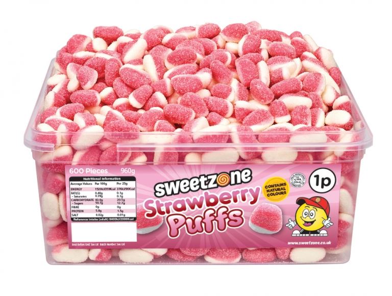 Sweetzone Strawberry Puffs 900g Tub of 600 Pieces HMC Certified Halal - Amazing Sweets UK