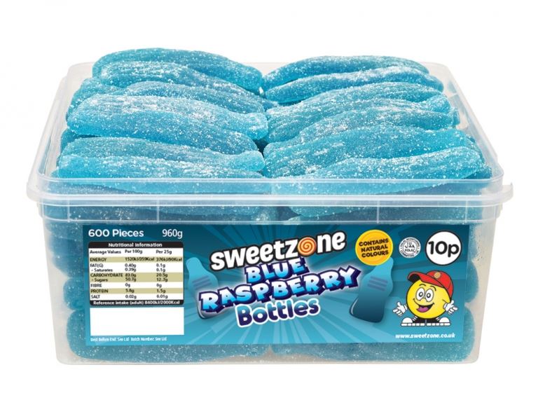Sweetzone Blue Raspberry Bottles 900g Tub of 60 Pieces HMC Certified Halal - Amazing Sweets UK