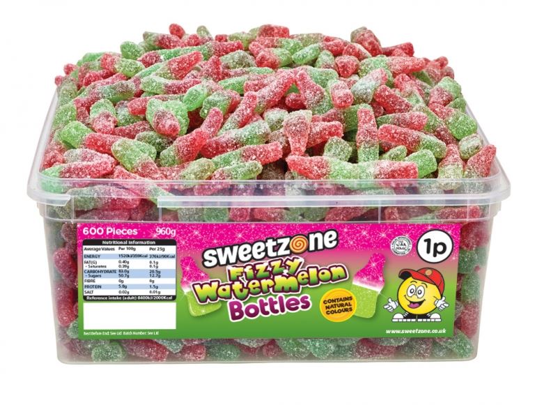 Sweetzone Watermelon Bottles 900g Tub of 600 Pieces HMC Certified Halal - Amazing Sweets UK