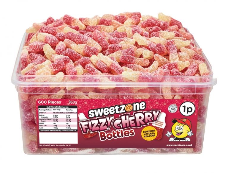 Sweetzone Fizzy Cherry Bottles 900g Tub of 600 Pieces HMC Certified Halal - Amazing Sweets UK