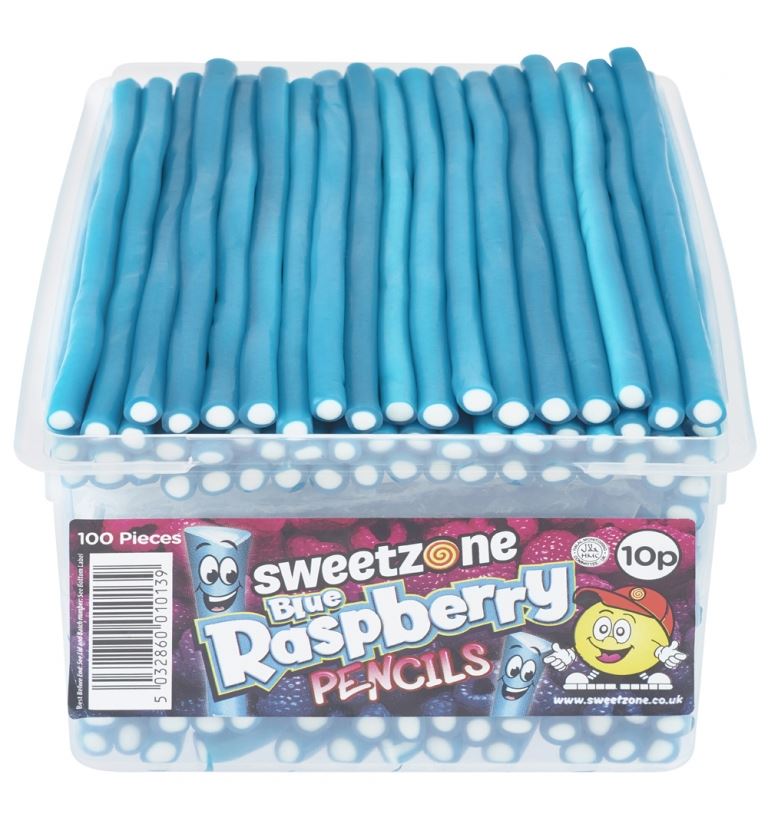 Sweetzone Blue Raspberry Pencils 1.1kg Tub of 100 HMC Certified Halal - Amazing Sweets UK