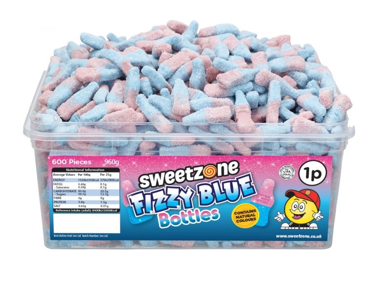 Sweetzone Fizzy Blue Bottles 900g Tub of 600 Pieces HMC Certified Halal - Amazing Sweets UK