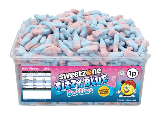 Sweetzone Fizzy Blue Bottles 900g Tub of 600 Pieces HMC Certified Halal - Amazing Sweets UK