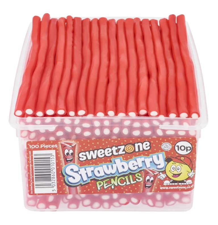 Sweetzone Strawberry Pencils 1.1kg Tub of 100 HMC Certified Halal - Amazing Sweets UK