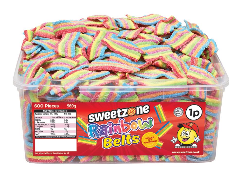 Sweetzone Rainbow Belts 900g Tub of 600 Pieces HMC Certified Halal - Amazing Sweets UK