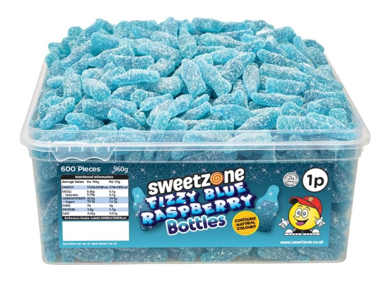 Sweetzone Blue Raspberry Bottles 900g Tub of 600 Pieces HMC Certified Halal - Amazing Sweets UK