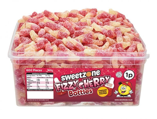 Sweetzone Fizzy Cherry Bottles 900g Tub of 600 Pieces HMC Certified Halal - Amazing Sweets UK