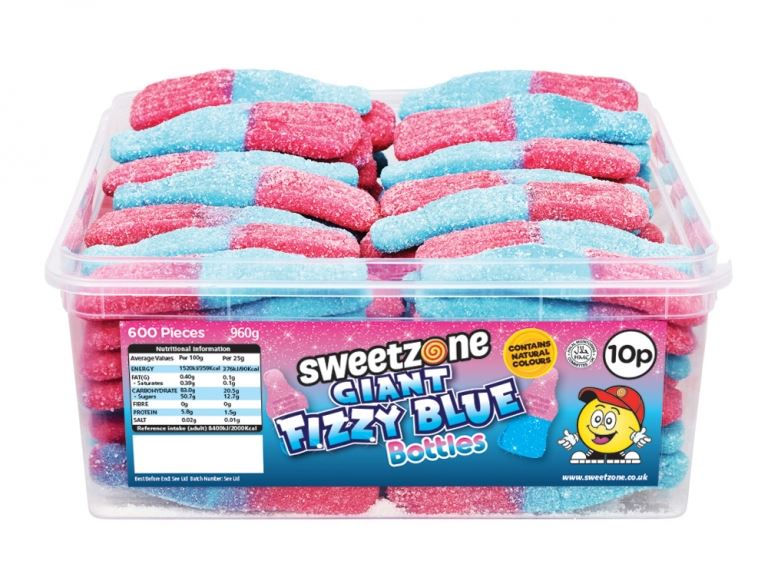 Sweetzone Giant Fizzy Blue Bottles 900g Tub of 60 Pieces HMC Certified Halal - Amazing Sweets UK